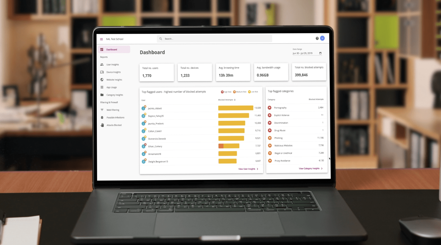 A laptop on an office desk showing N4L's reporting dashboard A laptop on an office desk showing N4L's reporting dashboard