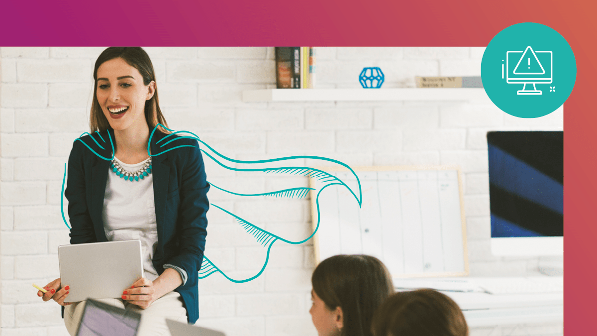 Teacher speaking with her students while holding a tablet Teacher speaking with her students while holding a tablet